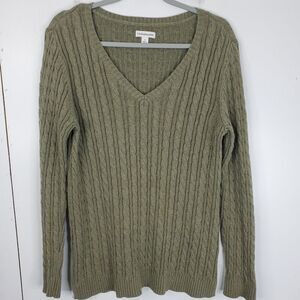 Croft Barrow Cableknit Sweater Fisherman V Neck Earthy Green Womens S Cotton